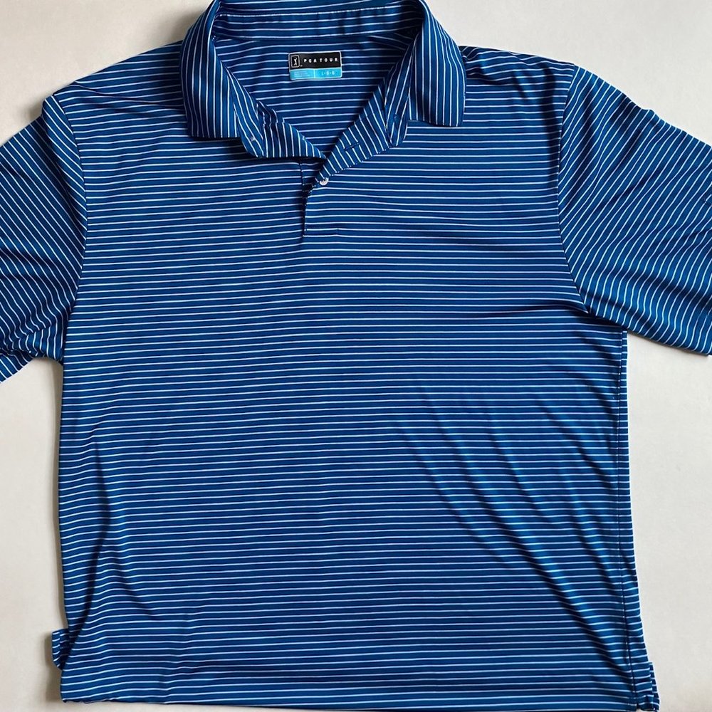 PGA Tour Golf Polo Men's Sz L Striped Cerulean Blue Dri-Fit Lightweight Bright